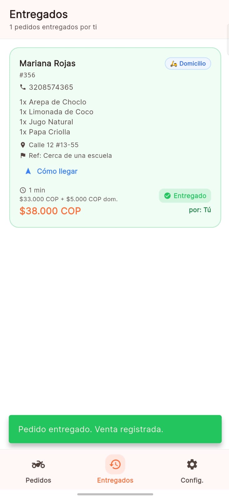 Entrega en ruta en la app del repartidor