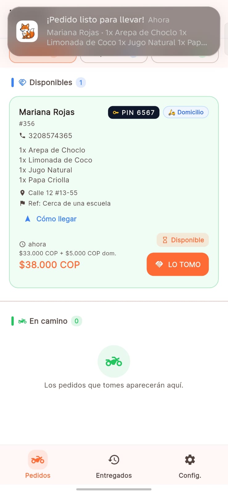 Pedidos asignados en la app del repartidor
