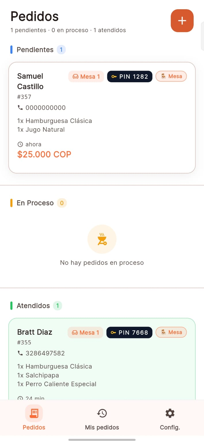 Pedidos en la app del mesero