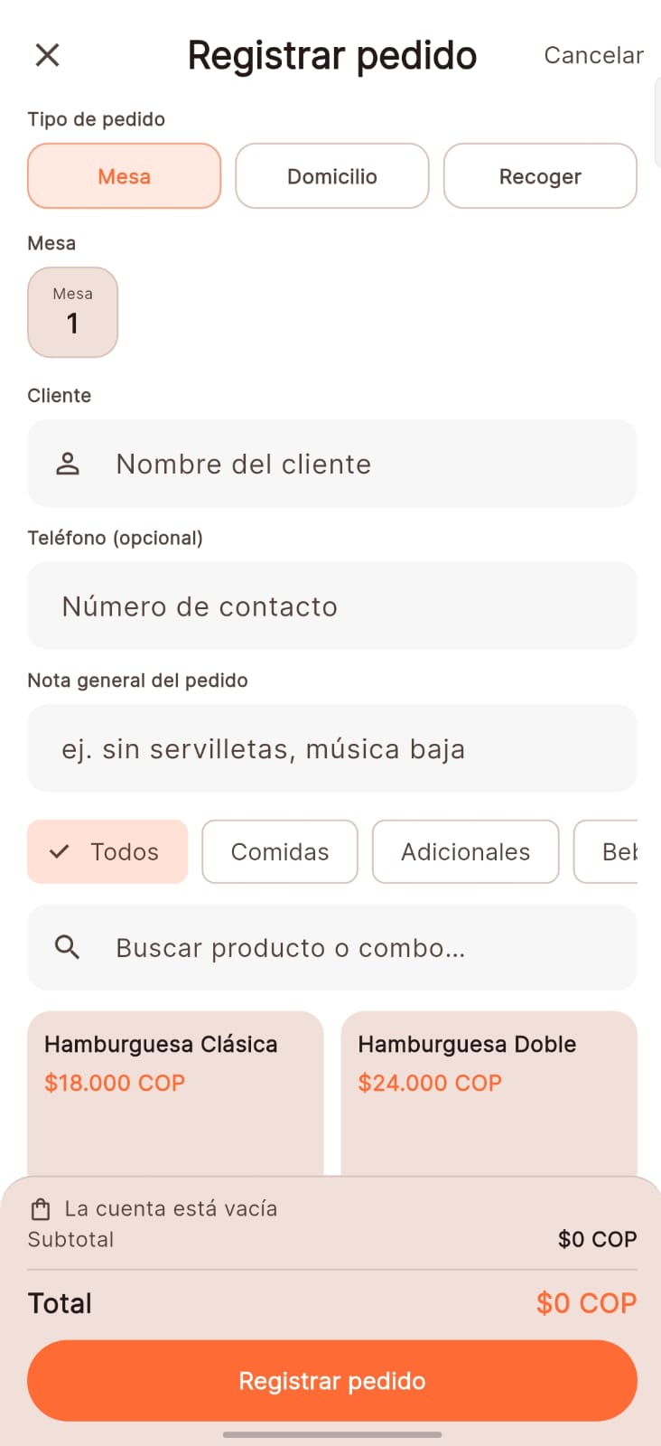 Tomar el pedido desde la app del mesero